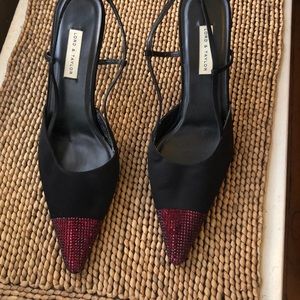 Black Faille Sling Back Pump With Red Jeweled Toe